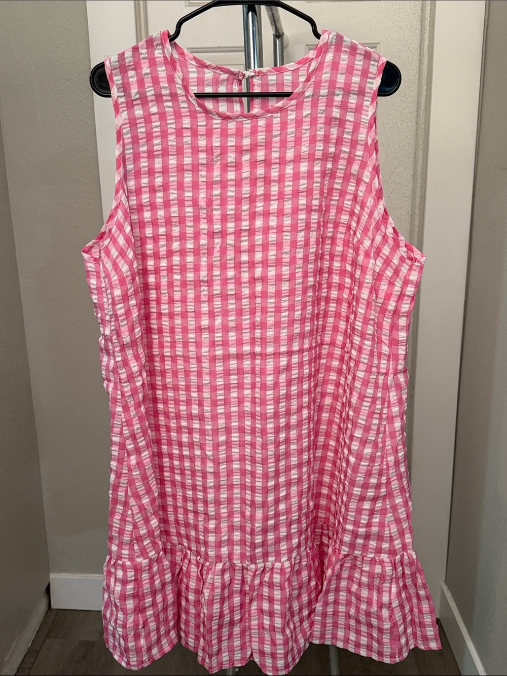SHEIN Pink and White Gingham Ruffle-Hem Sleeveless Tunic
